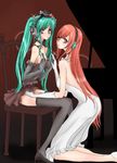  aqua_eyes aqua_hair bad_id bad_pixiv_id chair choker dress elbow_gloves gloves hat hatsune_miku headphones holding_hands kneeling long_hair magnet_(vocaloid) megurine_luka mini_hat mini_top_hat multiple_girls rav_(ravetx) red_eyes red_hair sitting thighhighs top_hat twintails very_long_hair vocaloid 