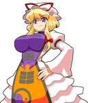  blonde_hair breasts dress hat large_breasts mono_(moiky) purple_eyes ribbon short_hair sidelocks smile touhou transparent_background yakumo_yukari 