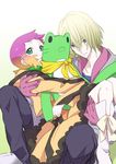  1girl aquarion_(series) aquarion_evol blonde_hair carrying coat doll dress esemimi-fever gloves gradient_hair green_eyes grey_eyes jin_musou multicolored_hair orange_hair princess_carry purple_hair short_hair stuffed_animal stuffed_frog stuffed_toy tama_(aquarion) yunoha_thrul 