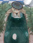  3: aqua_eyes blonde_hair blue_flower blue_rose checkered checkered_floor dress english flower hands_clasped hat hat_flower hattori_masaki highres leaf long_hair original own_hands_together partially_submerged petals rose solo water wet wet_clothes 