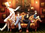  abaraya april_fools black_hair blue_eyes crossed_legs cuffs dual_persona edogawa_conan formal glasses gloves handcuffs hat highres kaitou_kid kudou_shin'ichi kuroba_kaito male_focus meitantei_conan monocle multiple_boys purple_eyes sitting smile suit top_hat white_gloves 