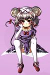  :&lt; animal_ears blush bow collarbone cosplay dress elbow_gloves gloves grey_hair hair_bow hand_on_own_face highres mepikari mouse_ears mouse_tail nazrin red_eyes sitting solo tail thighhighs touhou white_gloves white_legwear yakumo_yukari yakumo_yukari_(cosplay) 