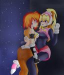  2girls blonde_hair blue_eyes breast_press breasts capcom ciel_(rockman) leg_up legs lluanhyperzero multiple_girls neige open_mouth orange_hair rockman rockman_zero saliva symmetrical_docking yuri 