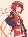  blush brown_hair character_name fingerless_gloves gloves goggles goggles_on_head green_eyes holding rita_mordio solo tales_of_(series) tales_of_vesperia thighhighs yukiiti 