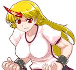  alphes_(style) blonde_hair breasts claws cuffs horn hoshiguma_yuugi large_breasts long_hair mono_(moiky) parody red_eyes solo star style_parody touhou transparent_background 