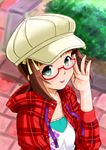  :p adjusting_eyewear amami_haruka brown_hair cabbie_hat glasses green_eyes hair_ribbon hat idolmaster idolmaster_(classic) jacket miri_(ago550421) plaid red-framed_eyewear ribbon semi-rimless_eyewear smile solo tongue tongue_out under-rim_eyewear upper_body 