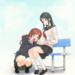  bench black_hair black_legwear blush cardigan highres ips_cells kneehighs loafers long_hair multiple_girls open_mouth original plaid plaid_skirt pregnant red_hair school_uniform shoes sitting skirt smile sweater wantacchi white_legwear wife_and_wife yuri 