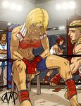  2girls abs andy_bogard ankle_wrap bandeau bare_shoulders barefoot bike_shorts blonde_hair blood blue_eyes blue_mary boxing_ring breasts brown_hair bruise cleavage cuts dougi fatal_fury fingerless_gloves ganassa gloves hand_wraps highres injury kim_kaphwan medium_breasts midriff mixed_martial_arts mouth_guard multiple_boys multiple_girls muscle muscular_female punching_bag red_hair short_hair shorts sideboob sitting stool sweat tank_top the_king_of_fighters towel vanessa_(king_of_fighters) 