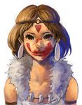  blood blood_on_face brown_eyes brown_hair earrings face facial_mark jajako jewelry mononoke_hime san short_hair simple_background solo white_background 