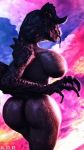  2018 3d_(artwork) adriandustred anthro big_breasts breasts butt claws deathclaw digital_media_(artwork) fallout female hi_res nipples nude rear_view scalie signature simple_background solo source_filmmaker tongue tongue_out video_games 