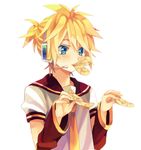  akiyoshi_(tama-pete) blonde_hair blue_eyes chips food headset kagamine_len male_focus mouth_hold necktie pose pringle_duck simple_background solo vocaloid yellow_neckwear 