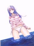  bare_legs breasts cross eba_yuzuki highres jewelry kimi_no_iru_machi long_hair medium_breasts necklace ozugiru panties purple_hair solo striped striped_sweater sweater tight_top underwear water 