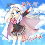  announcement_celebration bad_id bad_pixiv_id blonde_hair blue_eyes bow cape fang hat jumping little_busters! long_hair noumi_kudryavka pink_bow plaid plaid_skirt school_uniform skirt solo thighhighs yupachi 