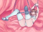  1girl arms_up artist_request ball_gag bdsm bed bondage bound bra brown_eyes brown_hair chains character_request gag imminent_rape legs_up lingerine long_hair lying panties solo source_request spreader_bar tears thighhighs thighs underwear 