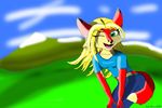  anthro blonde_hair canine female fox hair happy mammal matthew_spanel one_eye_closed outside solo wink xell0ss 