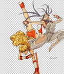  ankle_wrap armor armpits black_hair blonde_hair blue_eyes breasts capcom checkered checkered_background curly_hair final_fight food food_in_mouth genryuusai_maki ibuki_(street_fighter) japanese_armor jumping kote kunai lips long_hair medium_breasts mouth_hold multiple_girls muscle ninja ponytail scarf steven_mack street_fighter street_fighter_iii_(series) toast toast_in_mouth tonfa torn_clothes torn_sleeves upside-down vambraces very_long_hair weapon 