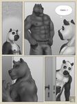  abs age age_difference bear belt biceps big_muscles clothing coach comic fur gay greyscale jeans locker_room male mammal monochrome muscles nipples nude office panda pants pecs personal_coaching playing rov size_difference 