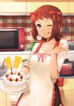 ;q amami_haruka apron bow breasts brown_hair cake cleavage food fruit green_eyes hair_bow hands highres hitoto idolmaster idolmaster_(classic) kitchen microwave one_eye_closed orange plate saucepan short_hair sleeves_rolled_up small_breasts smile solo strawberry tongue tongue_out whisk 