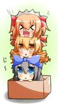  &gt;_&lt; :&lt; black_hair blonde_hair blue_eyes blush bow box brown_hair chestnut_mouth chibi chibi_on_head closed_eyes drill_hair fang hair_bow human_tower in_box in_container luna_child maid_headdress multiple_girls on_head open_mouth stacking star_sapphire sunny_milk touhou twintails warabi_mochi_(ehimedaisuki) yellow_eyes 