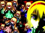  alice_margatroid blonde_hair blue_eyes bow doll dress empty_eyes glowing glowing_eyes hair_bow hair_ornament hairband horror_(theme) no_nose red_eyes shanghai_doll short_hair solo touhou verynezumi 