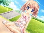  :o arizuki_shiina blue_eyes blush bow brown_hair cloud day dirty dress game_cg grass hair_ornament kud_wafter little_busters! na-ga pink_bow quad_tails ribbon sand sandals short_hair sky strap_slip sundress tree 