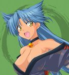  :d bare_shoulders bell bell_collar blue_hair breasts collar fang green_background japanese_clothes kimono kurenasm long_hair medium_breasts open_mouth rance_(series) sengoku_rance smile solo suzume_(rance) tan yellow_eyes 
