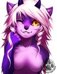 canine clothed clothing cute falvie female fur half-dressed horn looking_at_viewer mammal marten mindi mustelid one_eye_closed pine_marten purple_fur shy solo topless wink 
