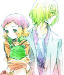  1girl aquarion_(series) aquarion_evol bad_id bad_pixiv_id blonde_hair blush coat doll dress gradient_hair green_eyes hair_ornament headphones jin_musou k00r1 multicolored_hair orange_hair purple_hair short_hair stuffed_animal stuffed_frog stuffed_toy tama_(aquarion) yunoha_thrul 