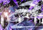  arms_up belt blue_dress blue_eyes blue_hair dress hair_ornament hair_rings hair_stick kaku_seiga langlang leaf light shards shawl short_hair solo touhou vest 