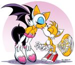  anthro bat bent_over black_clothing boots breasts butt canine cleavage clothed clothing duo elbow_gloves eyes_closed female fox fur gloves hair kissing male mammal miles_prower multiple_tails pants plain_background polo-jasso polo_jasso raised_tail rouge_the_bat sega smile sonic_(series) straight thighs white_background white_fur wings 