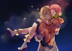  1girl aquarion_(series) aquarion_evol blonde_hair carrying closed_eyes coat dress gloves gradient_hair grey_eyes headphones jin_musou mr._krab multicolored_hair orange_hair princess_carry purple_hair short_hair tears yunoha_thrul 