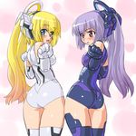  arnval ass bad_id bad_pixiv_id blonde_hair blue_eyes busou_shinki dd_(ijigendd) doll_joints elbow_gloves from_behind gloves leotard long_hair looking_back multiple_girls purple_eyes purple_hair tempesta thighhighs twintails 