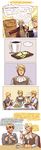  america_(hetalia) apron axis_powers_hetalia blonde_hair blush breakfast cheese coffee comic cucumber eating egg emlan english finland_(hetalia) food glasses highres knife male_focus multiple_boys napkin sandwich sweden_(hetalia) swedish table tea tears translated truth tsundere united_kingdom_(hetalia) 