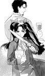  1girl 9room alcohol azoth_knife bad_id bad_pixiv_id book cup drinking_glass facial_hair fate/stay_night fate/zero fate_(series) father_and_daughter goatee greyscale hair_ribbon knife long_coat long_hair monochrome ribbon short_twintails time_paradox toosaka_rin toosaka_tokiomi twintails two_side_up wine wine_glass 