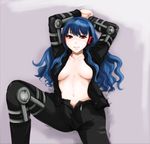  arms_up biker_clothes blue_hair breasts franken_fran jacket large_breasts madaraki_gavrill no_bra open_clothes open_jacket pants red_eyes robot_ears short_hair smile stitches supopo_(pi4v2000) unbuttoned wavy_hair 