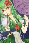  breasts cleavage ex-keine green_hair kamishirasawa_keine large_breasts light_smile lips long_hair mif mouth_hold red_eyes ribbon scroll solo touhou 
