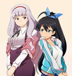  black_hair blue_eyes breasts ganaha_hibiki go-gyan-sun hair_ribbon hairband hands_together idolmaster idolmaster_(classic) large_breasts long_hair medium_breasts multiple_girls pink_eyes ponytail purple_hair ribbon shijou_takane skirt smile very_long_hair 