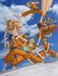  6+boys 6boys antoine_retaureau barefoot black_hair bleach blonde_hair blue_eyes blue_sky braid chyuta crossover dragon_ball dragonball_z edward_elric fighting fullmetal_alchemist hat highres hollow_ichigo kick kicking kurosaki_ichigo male male_focus mask monkey_d_luffy multiple_boys muscle naruto one_piece orange_hair prosthesis prosthetic_arm prosthetic_leg rubber scar scroll sky son_gokuu straw_hat sword uzumaki_naruto weapon 