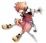  bad_id bad_pixiv_id blue_eyes brown_hair fingerless_gloves gloves hood hoodie jewelry keyblade keychain kingdom_hearts kingdom_hearts_i large_shoes male_focus mori-003 necklace shoes solo sora_(kingdom_hearts) spiked_hair 