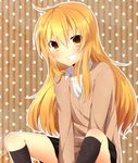  bad_id bad_pixiv_id blonde_hair blush contemporary fang grin kirisame_marisa kneehighs sitting skirt smile solo star touhou yarawi yellow_eyes 