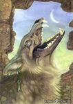  2008 bone canine crescent_moon ear_piercing feral howl khaosdog mammal moon piercing skull solo teeth traditional_media wolf 
