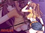  belt bracelet breasts brown_eyes brown_hair denim denim_skirt fine_fabric_emphasis jewelry medium_breasts mindead_blood miniskirt official_art pencil_skirt ponytail raglan_sleeves sakaki_yuuka shiizaki_hinaki skirt solo thighhighs underboob wallpaper 