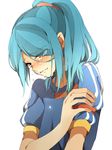  armband blue_hair crying inazuma_eleven inazuma_eleven_(series) inazuma_japan kazemaru_ichirouta male_focus ponytail red_eyes simple_background soccer_uniform solo sportswear tears white_background yorozuyozu 