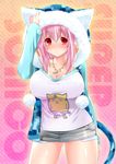  alternate_costume animal_ears bare_legs blush breasts cat_ears cat_tail character_name cleavage denim denim_skirt fake_animal_ears guitar hood hoodie instrument jewelry large_breasts miniskirt necklace nitroplus okazaki_beru pink_hair pom_pom_(clothes) red_eyes short_hair skirt solo super_sonico tail text_focus 