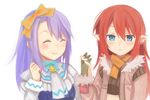  a-ka blue_eyes earrings gloves hair_ribbon jacket jewelry multiple_girls pointy_ears purple_hair red_hair ribbon rune_factory rune_factory_3 sofia_jalapeno_viviage toona white_background 