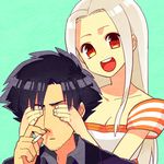  1girl :d black_hair cigarette covering_eyes dress emiya_kiritsugu facial_hair fate/zero fate_(series) gum_(gmng) hands_on_another's_face husband_and_wife irisviel_von_einzbern long_hair lowres open_mouth red_eyes smile stubble white_hair 