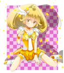  bad_id bad_pixiv_id bike_shorts blonde_hair bow checkered checkered_background choker cure_peace hair_flaps hair_ornament kise_yayoi orange_choker ponytail precure shadow shorts shorts_under_skirt sitting skirt smile_precure! socks solo v wariza wrist_cuffs yae_(mono110) yellow_bow yellow_eyes yellow_shorts yellow_skirt 