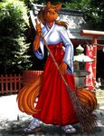  breasts broom brown_hair canine clothed clothing female fox hair long_hair mammal max_blackrabbit multiple_tails ponytail shrine shrine_maiden solo 