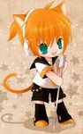  animal_ears cat_ears cat_tail chibi fang green_eyes headphones holding kagamine_len male_focus microphone microphone_stand necktie orange_hair setahikaru signature solo standing star starry_background tail vocaloid 