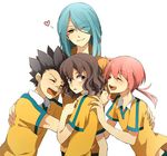  :d ^_^ bandaid bandaid_on_nose black_hair blue_hair brown_eyes brown_hair closed_eyes hair_over_one_eye inazuma_eleven_(series) inazuma_eleven_go kazemaru_ichirouta kirino_ranmaru kurumada_gouichi light_smile long_hair multiple_boys open_mouth pink_hair raimon raimon_soccer_uniform shindou_takuto simple_background smile soccer_uniform sportswear twintails white_background white_hair yellow_eyes yorozuyozu 